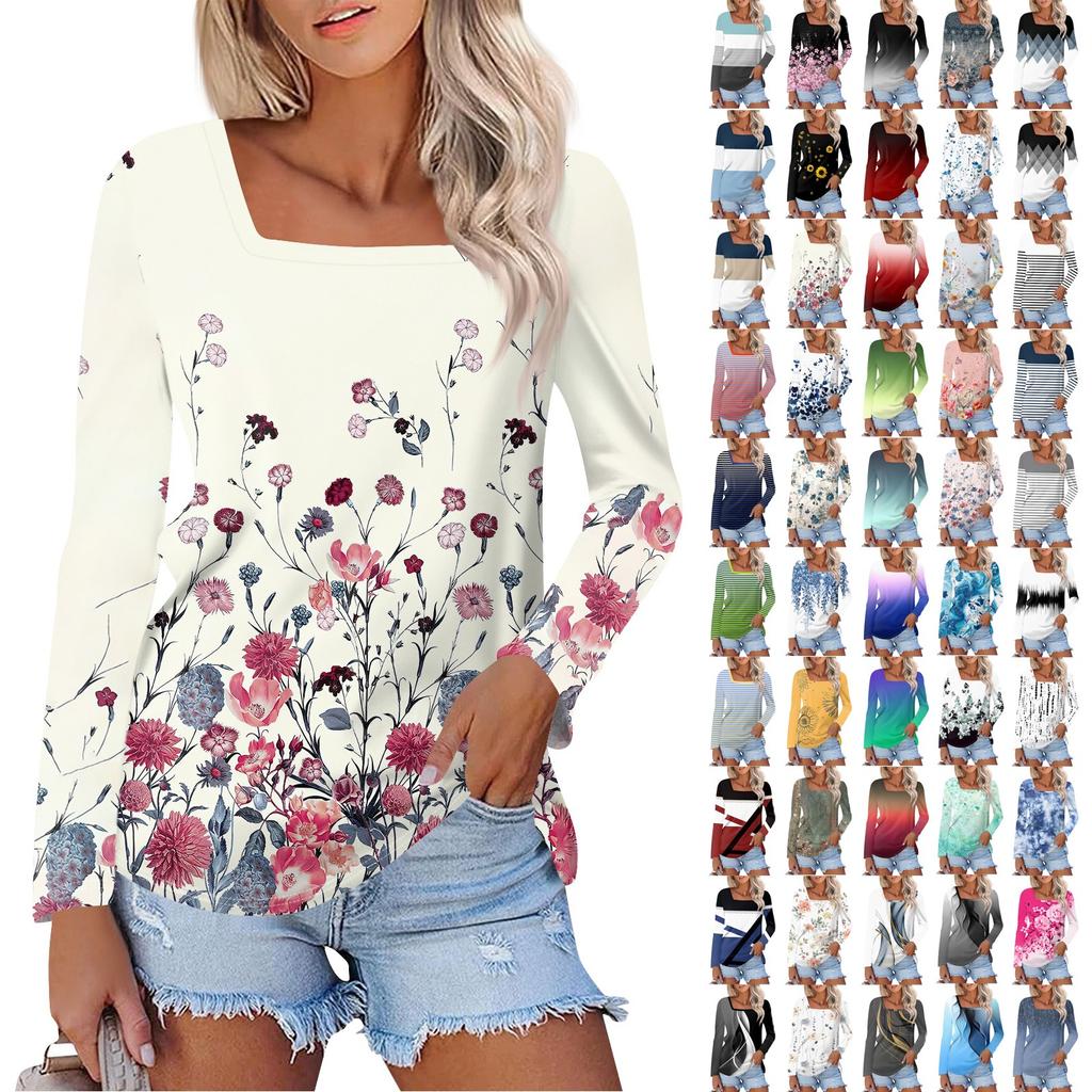 Рубашка для женщин, модная повседневная свободная футболка с квадратным вырезом и длинным рукавом с принтом, женский топ