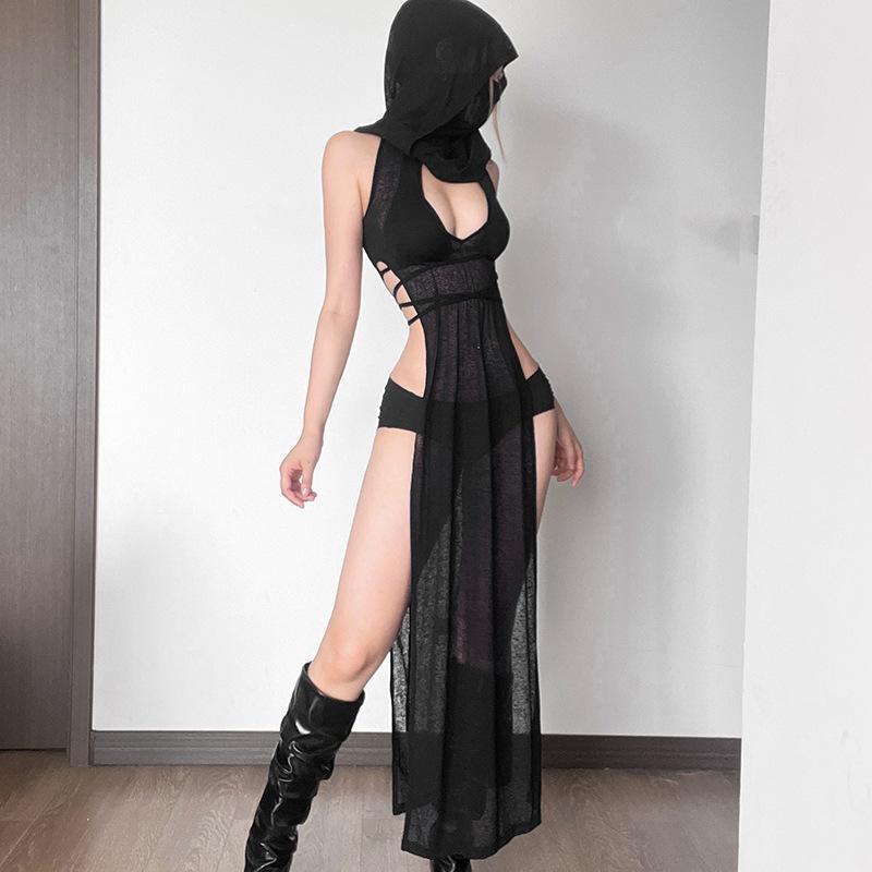 AltGoth Coquette Dark Gothic Сексуальное Платье Женское Винтажное Y2k Cyberpunk Прозрачное Трикотажное Платье с Вырезом И Разрезом С Высокой Талией И Капюшоном