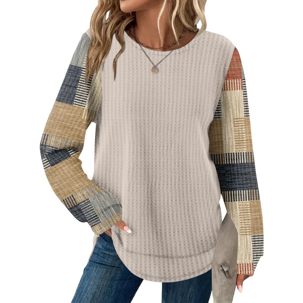 Женский повседневный топ свободного кроя с круглым вырезом и длинными рукавами в клетку