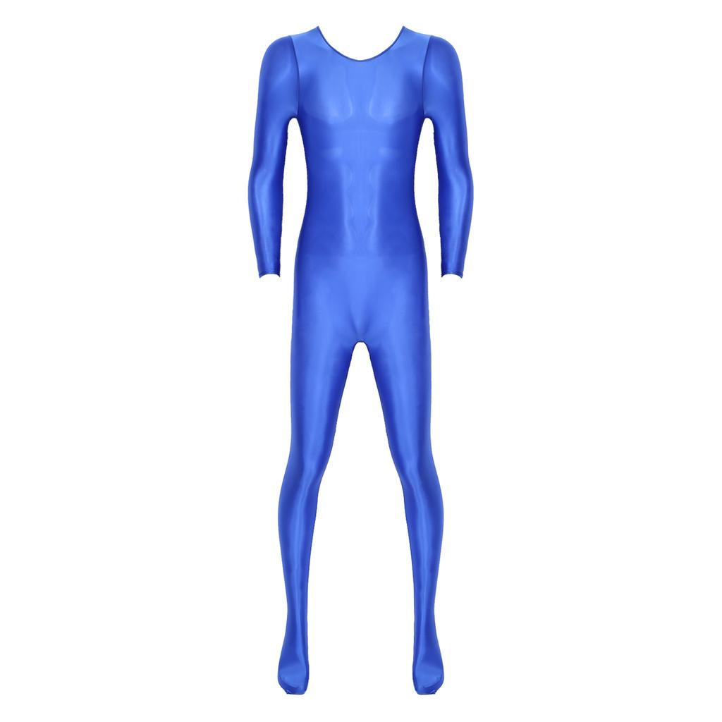 Mens Smooth Solid Color Long Sleeve Round Neck Bodystocking Nightwear Bodysuit