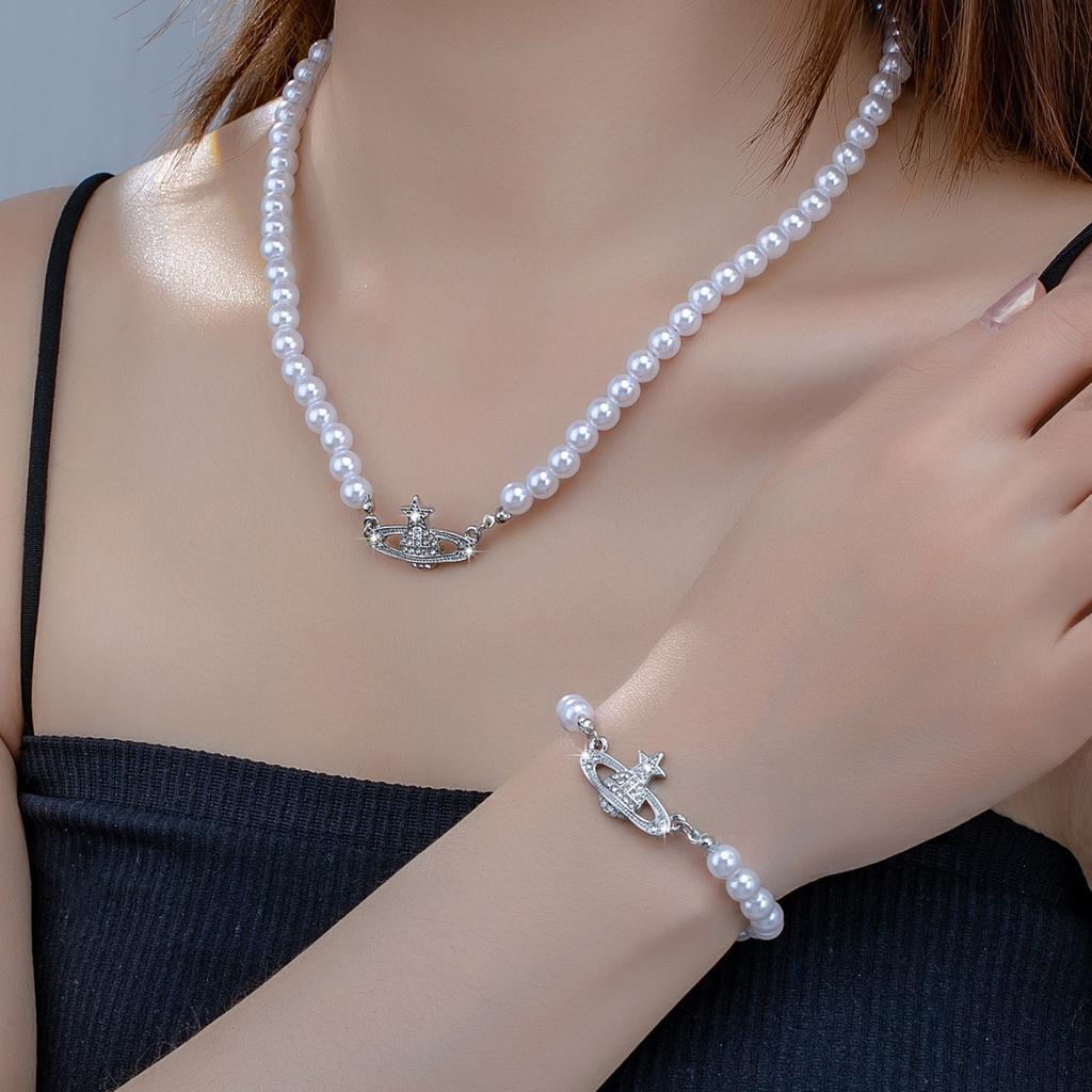 Корейский Модный Тренд Жемчужный Браслет Ожерелье Комплект Женский Нишевый Высококлассный Смысл Легкий Роскошный Стиль Планета Ключичная Цепочка