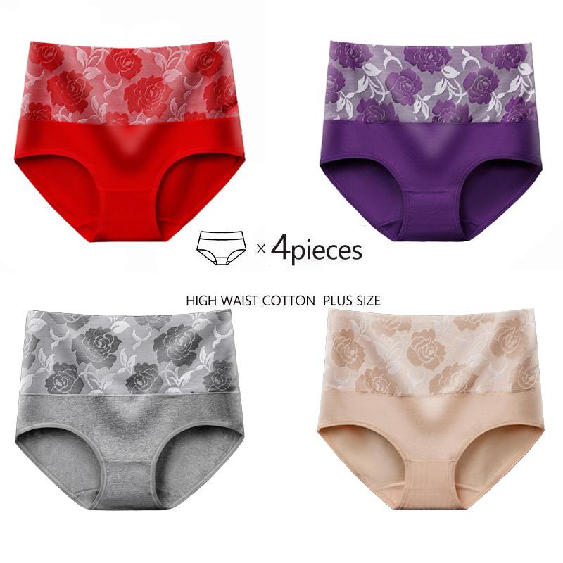 Size 4pcsset L5xl Plus Women Cotton Panties High Waist Big Stretchy Underwear Breathable Ladies Underpants