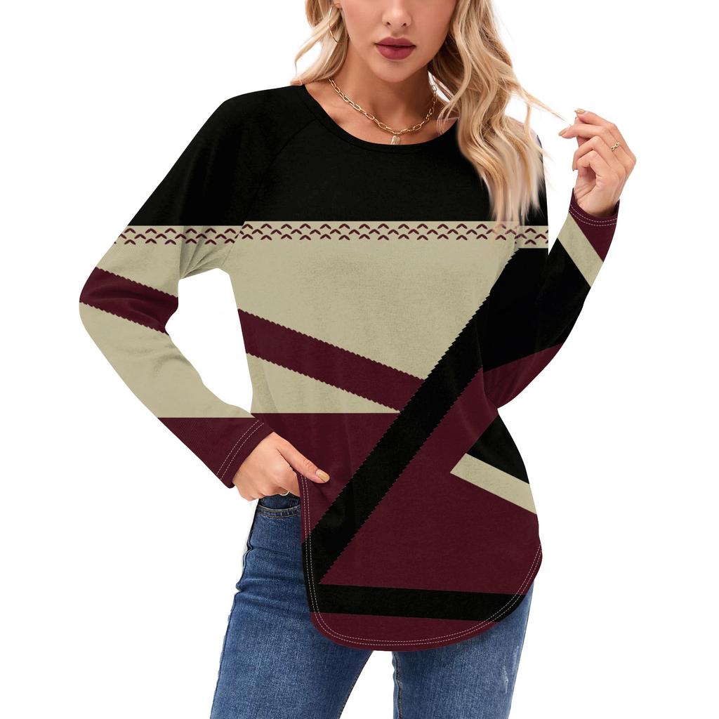 Женские рубашки с длинным рукавом, повседневная мода, туника с геометрическим принтом, топы с круглым вырезом, базовая свободная футболка