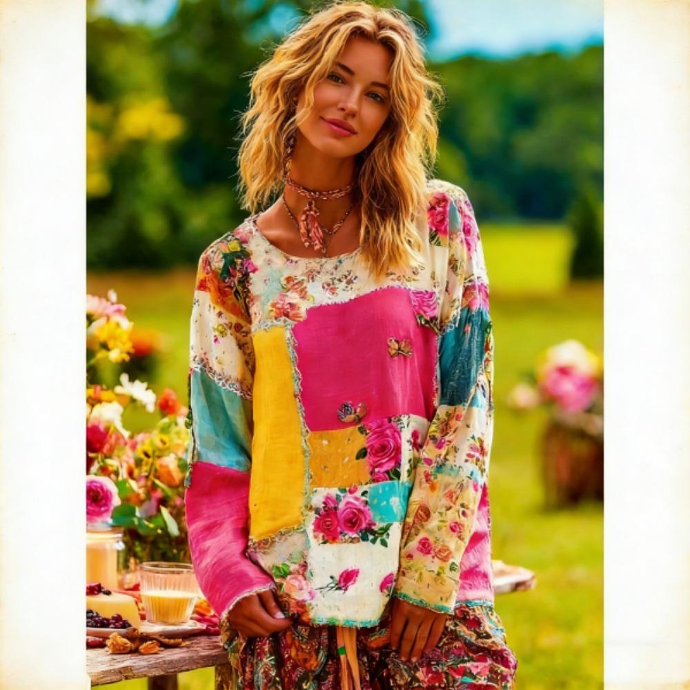 Модная женская футболка в богемном стиле, с цветными вставками, пуловер, одежда для Европы и Америки, женская, с длинным рукавом, для активного отдыха, повседневные футболки, топ