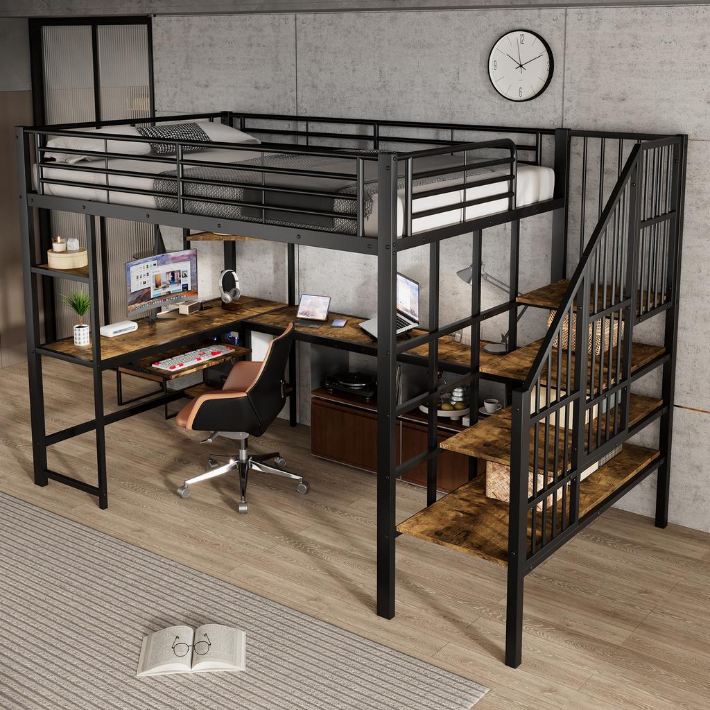 Bed, loft bed, charging port, comfortable and safe corner staircase, desk area with keyboard tray and storage, iron + MDF, black + dark, 120x200cm