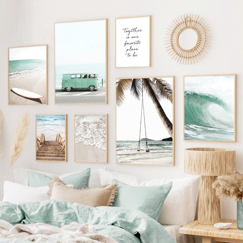 Тропическое море пляжные волны постер кокосовая пальма мост грузовик холст живопись скандинавское настенное искусство картины для гостиной домашний декор