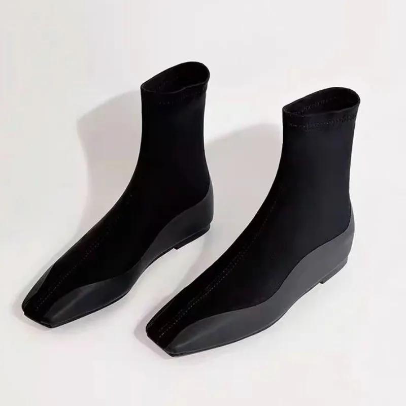 Распродажа женской обуви 2024 года, женские сапоги с новым рукавом, зимние замшевые однотонные высокие сапоги с квадратным носком, эластичные сапоги на плоской подошве Zapatillas Mujer