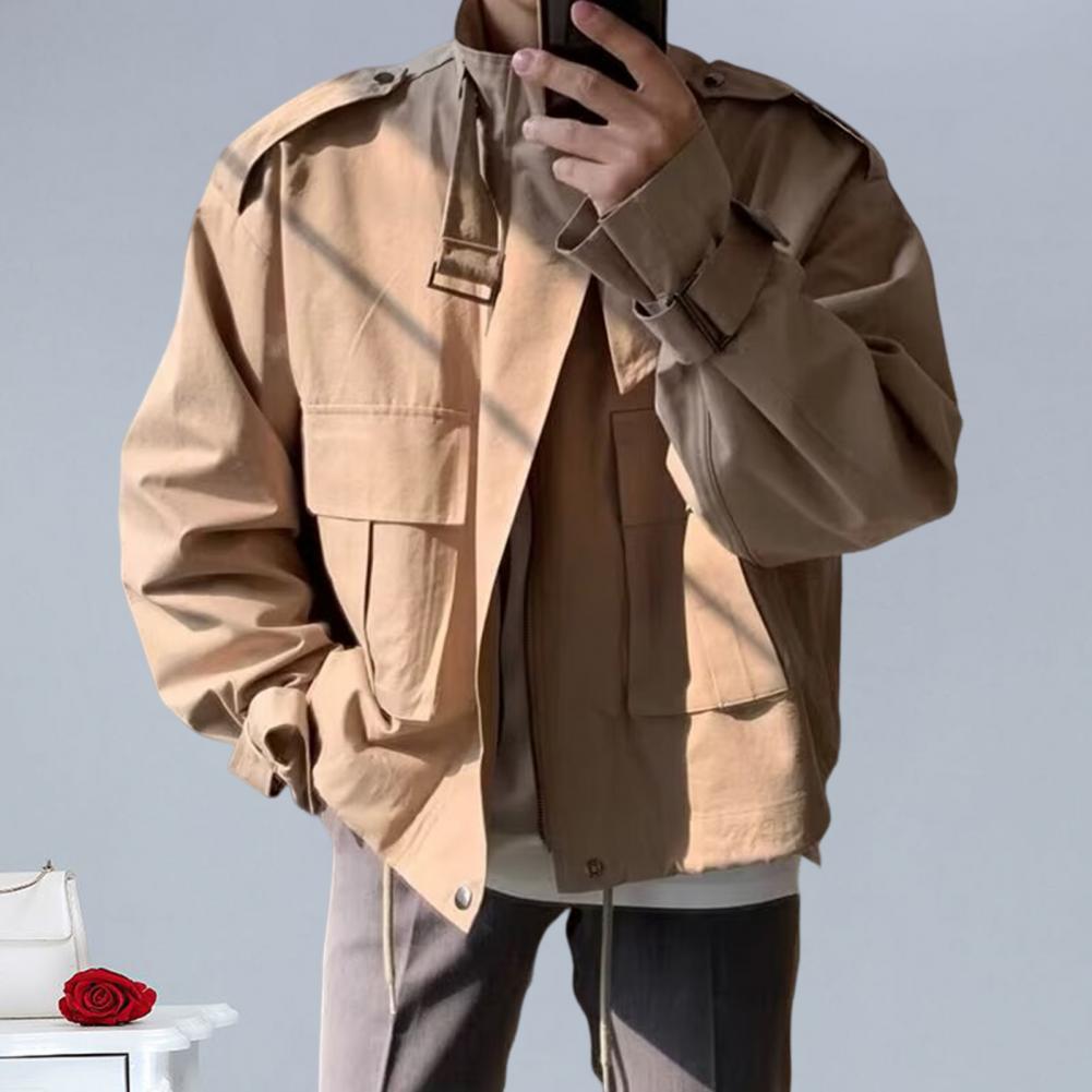 Men Windbreaker Lapel Long Sleeve Solid Color Jacket Zipper Placket Large Pockets Drawstring Hem Casual Outwear