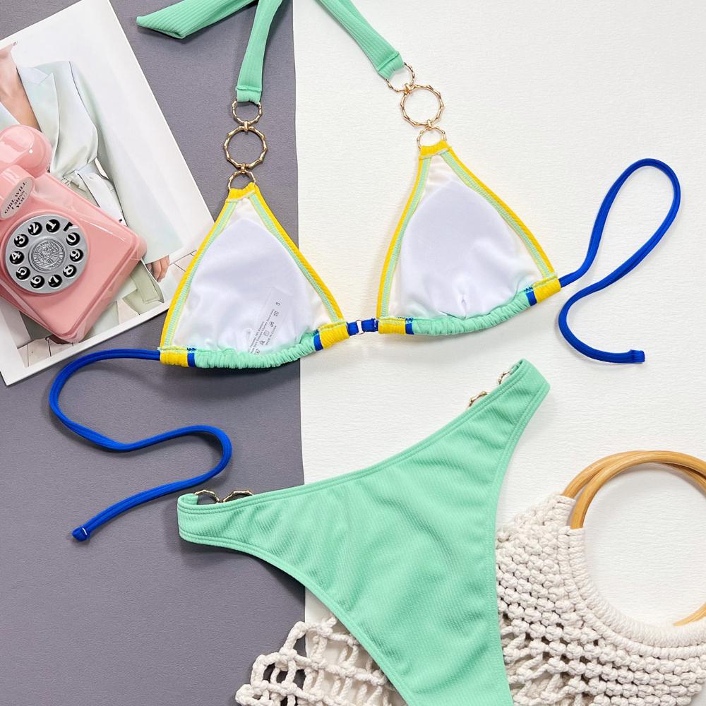 Women's Color Matching Bikini Pure Color Sexy Halter Neck Split Swimsuit Beach Clothing