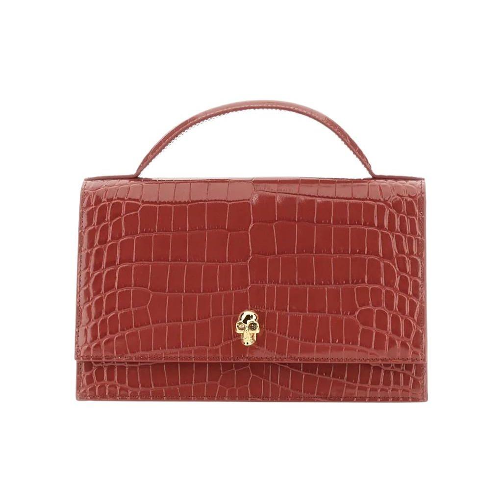 Alexander Mcqueen Skull Croc-Embossed Top Handle Bag, Deep Red, Gold Skull Hardware, Women's Luxury Handbag for Daily Party 732798-1HB0G-6338