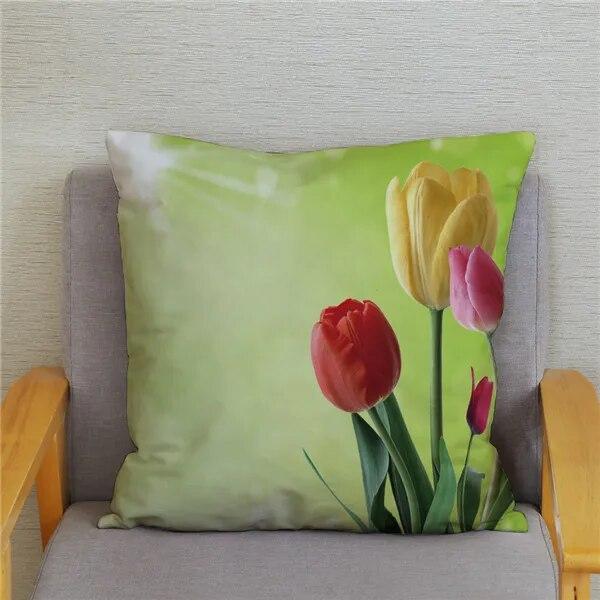 Tulip Flower Printed Pattern Cushion Cover for Home Living Room Sofa Decoration Waist Cushion Pillow Cover
