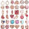 Hot Sale Rose Gold Series Pink Zircon Leaves Heart Pendant Sparkling Clip Bead Fit Charm Bracelet DIY S925 Silver Jewelry