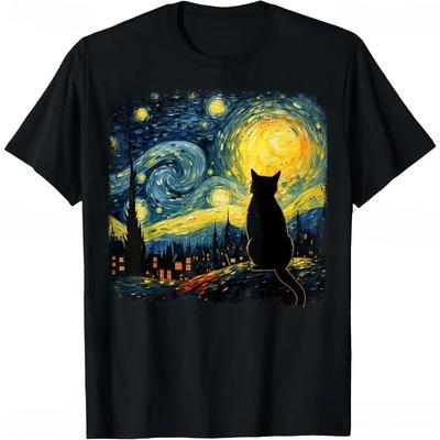 Футболка Cat Starry Night Van Gogh Cat для любителей кошек, повседневная модная уличная свободная летняя мужская футболка в стиле милой эстетики