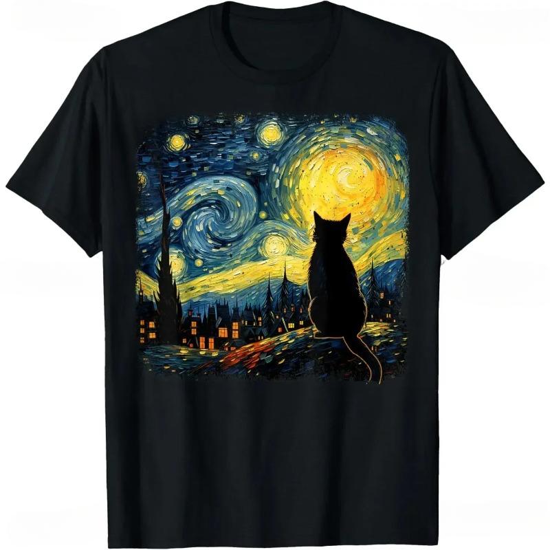 Cat Starry Night Van Gogh Cat for Cat Lover T-Shirt Casual Fashion Streetwear Loose Summer Style Man Tshirt Cute Aesthetics Tees