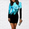 Long Sleeve Bodycon 3D Blue Pearl Rose Print Dress Women Mini Dresses Autumn Skinny Stretchy Party Vestidos