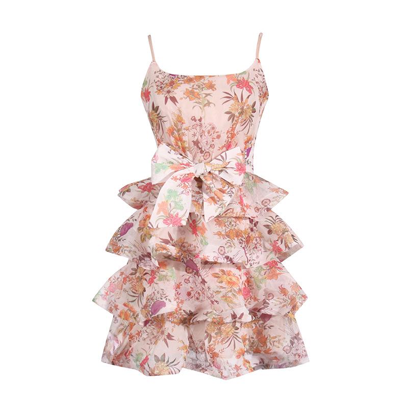 Юбка на подтяжках с французскими оборками и цветочным принтом 2025 года со шнуровкой на талии — облегающее праздничное платье для женщин