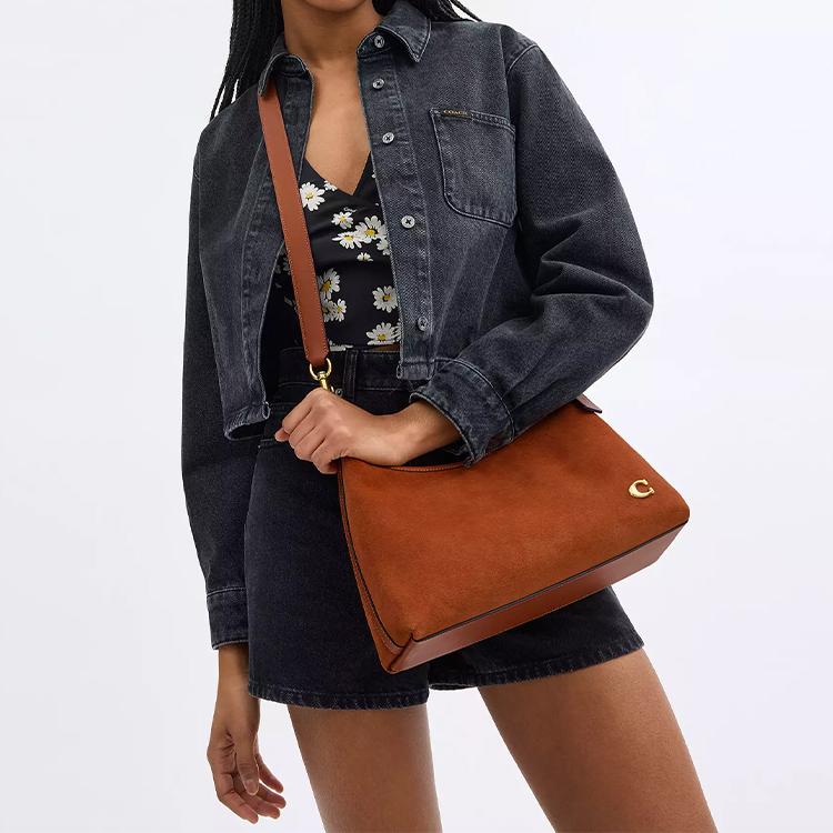 Coach Juliet 30 Zipper Closure Suede Leather Shoulder Bag Large Women shoulder bag Brass Polished-Amber CR670-B4BAR
