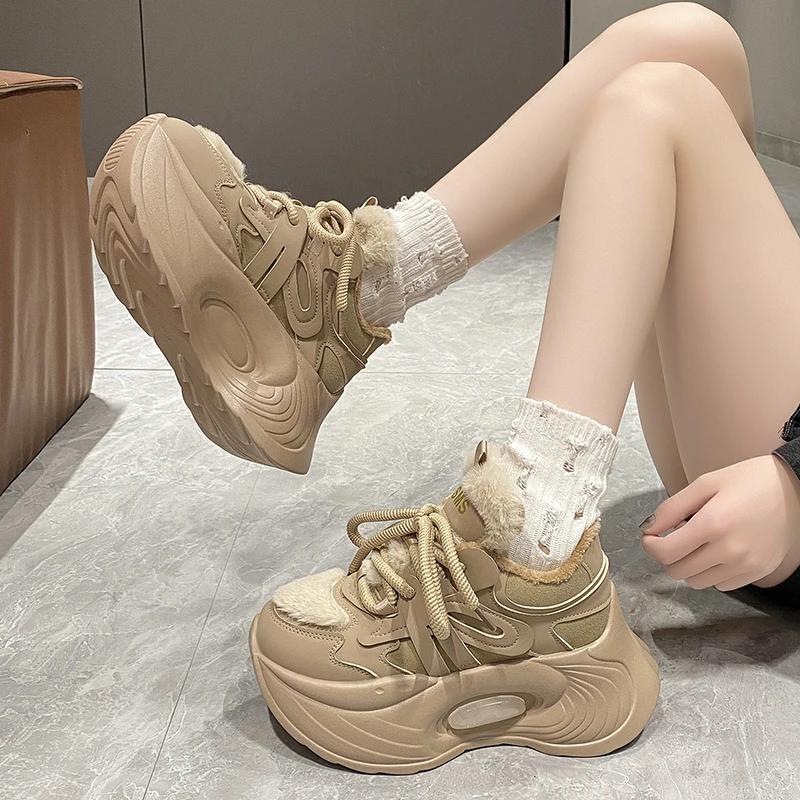 Модные теплые зимние ботинки на платформе 7,5 см, женские зимние кожаные кроссовки на толстом каблуке со шнуровкой, меховые туфли, новые женские спортивные кроссовки