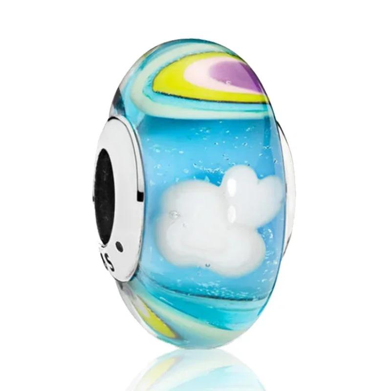 925 Silver Colored Flower Leaf Cosmic Rainbow Murano Glass Charms Beads Fit DIY Bracelet Women Jewelry Gift