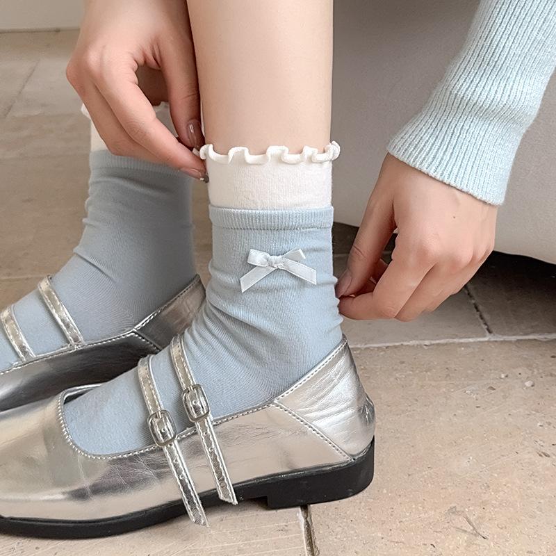 Women's Crew Length Cotton Lace-Up Bow Socks Breathable Seamless Thin Casual