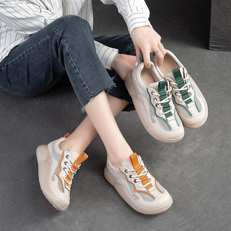 Fashion GKTINOO Mixed Colors Casual Sneakers Women Thick Bottom Genuine Leather Mesh Breathable Lace-Up Summer Chunky Platform Shoes