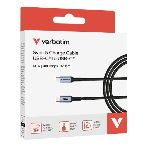 Verbatim 31845 Sync & Charge Cable USB-C to USB-C 60W 480Mbps 120cm, Grey/Black