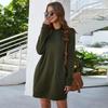 Yousheng Fall Winter Dress Thickened Plush Solid Color Loose Round Neck Stretchy Hem Cuff Pullover Above Knee Length Daily Wear Mini Dress