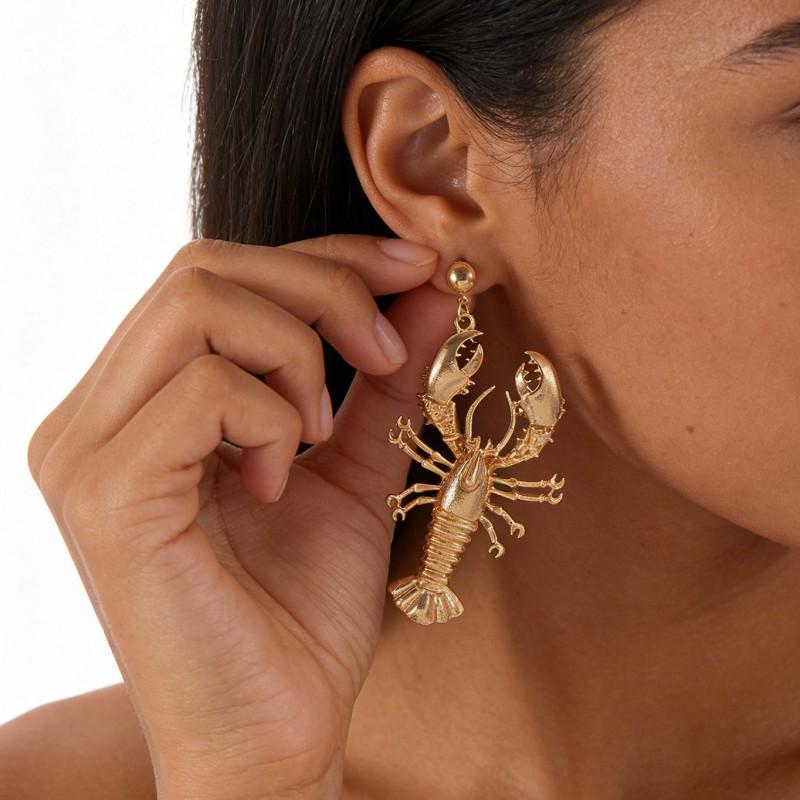 Gold Red Lobster Charm Earrings Zinc Alloy Stainless Steel Studs Women Beach Vacation Ocean Style Fashion Jewelry
