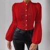 Fashion Lace Patchwork Lantern Sleeve Vintage Plus Size Shirts Women Elegant Tops Stand Hollow Out Casual Loose Blouse Women Buttons Slim Shirt 26361