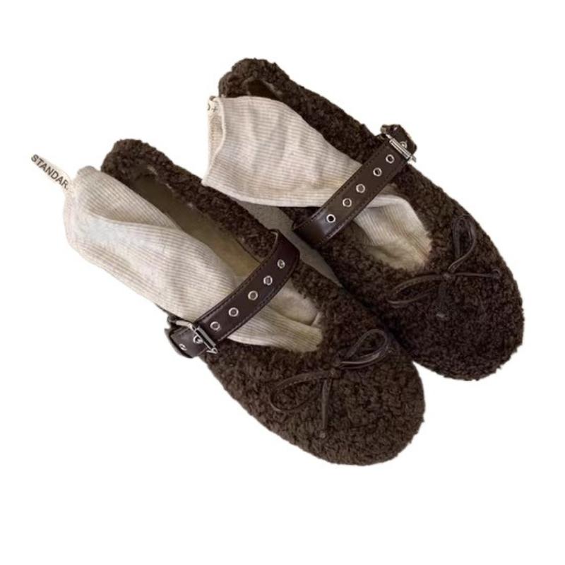 Мода Мех Женские Балетки Туфли Бант Замшевые Лоферы Короткий Плюш Повседневная Спортивная Обувь 2025 Зима Женские Кроссовки Новая Мода Для Ходьбы Zapatos