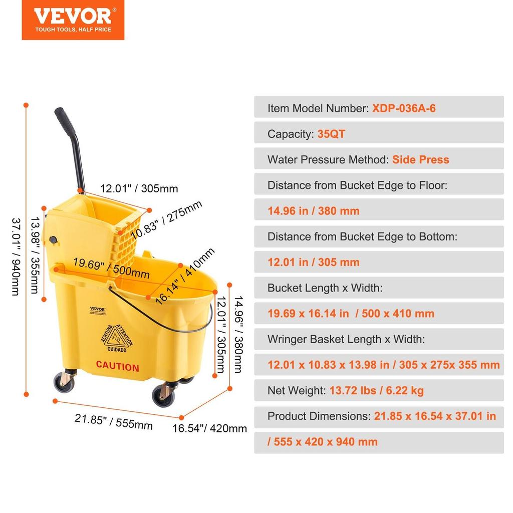 Mop Bucket with Wringer, 35 Qt. Commercial Mop Bucket with Side Press Wringer, Side-Press Mop Bucket and Wringer Combo on Wheels, for