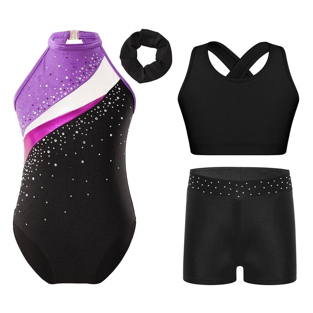 Girls Rhinestone Gymnastics Costume Set with Sleeveless Leotard Vest Shorts Waistband and Hair Band