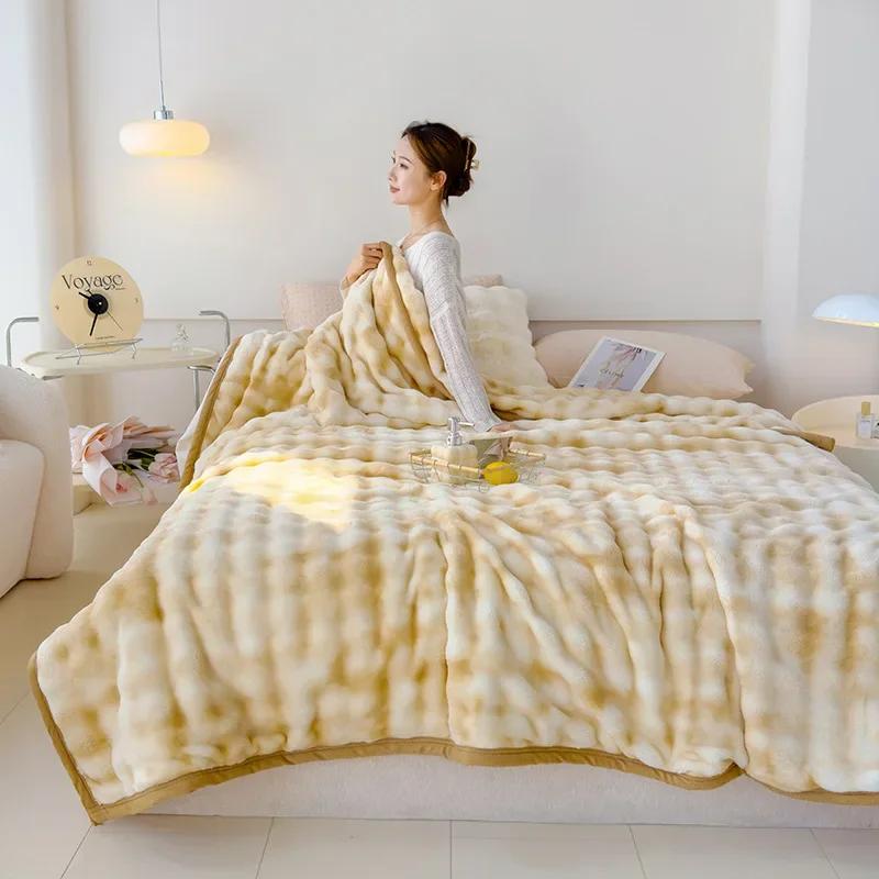 Новое современное минималистичное толстое одеяло из кроличьего меха однотонного цвета с принтом из фланели, подходит для зимнего сна, товары для согревания спальни