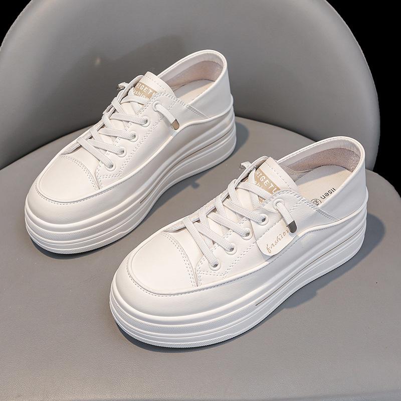 Leather Inner Height Increase White Shoes Women's 2025 Spring New Thick-soled Two Wear Board Shoes and One Pedal Sports and Leisure Single Shoes