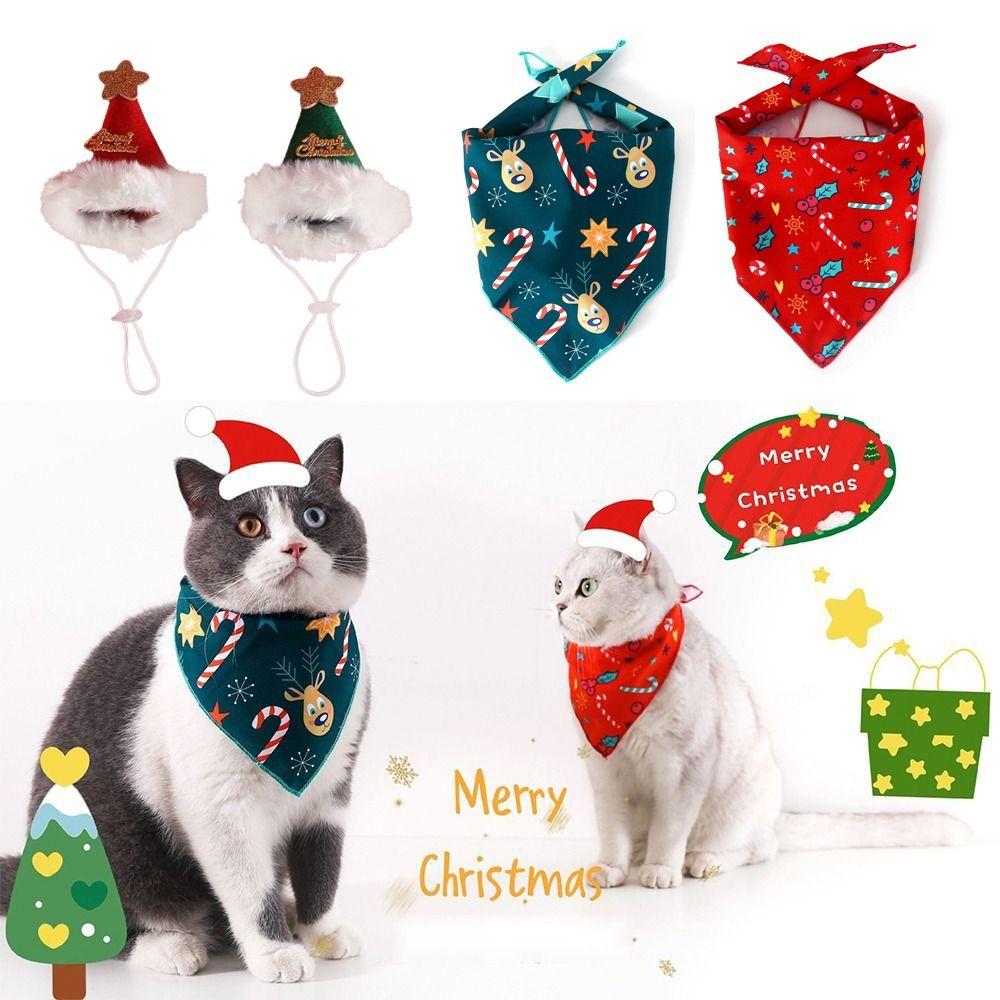 2Pcs Cute Kitten Dress Up Accessories Bat Triangle Scarf Cat Christmas Bib Hat Set Pet Accessories