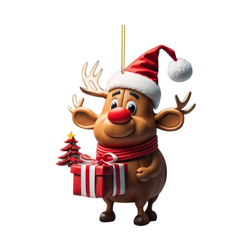 2025 Cartoon Deer Christmas Tree Pendant Christmas Party Atmosphere Cartoon Cute Santa Hat Deer Double Print Easter Decoration
