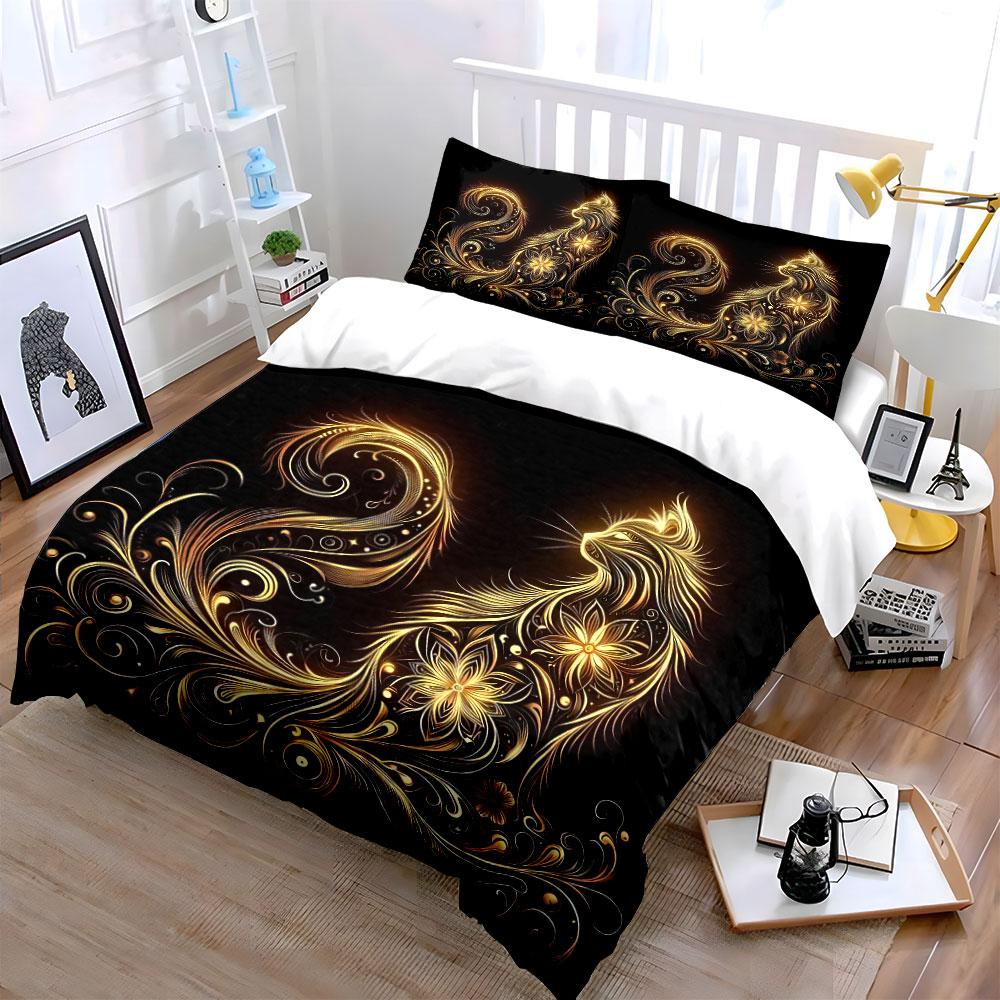 "Golden Cat Art Decor Set" Bedding Set with 1 Duvet Cover 2 Pillowcases Single Double King Queen, Gift