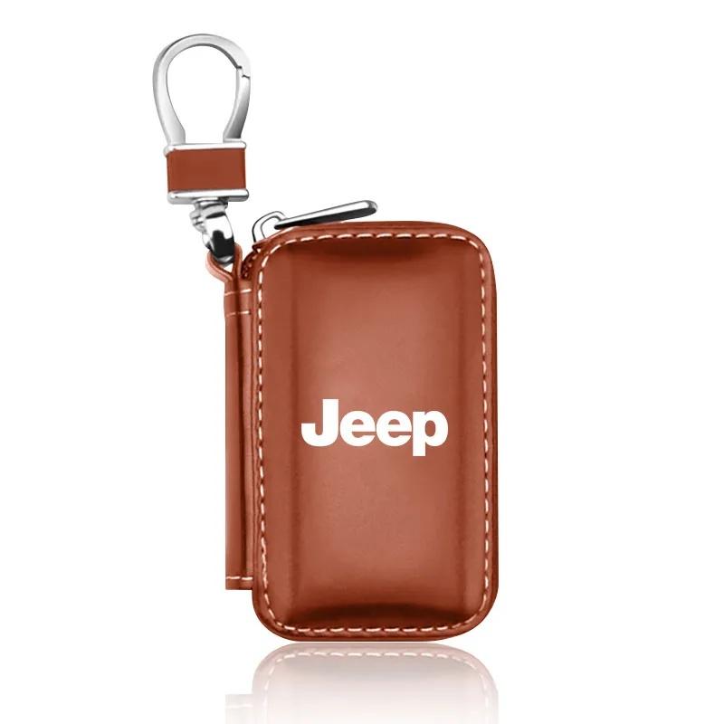 AIY5 Leather Metal Car Key Fob Case Zipper Keychain for Jeep Renegade Wrangler JK JL Grand Cherokee Compass Auto Interior Accessories