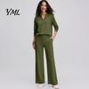 Solid Color Matching Sets Women Sweatshirt Pants 2-Piece Set, V-Neck Long Sleeve Top & Wide Fabric Fitness Clothing Leg Trousers with Elastic