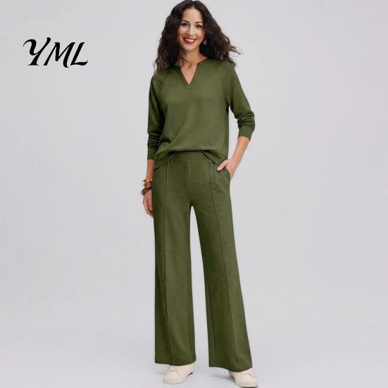 Solid Color Matching Sets Women Sweatshirt Pants 2-Piece Set, V-Neck Long Sleeve Top & Wide Fabric Fitness Clothing Leg Trousers with Elastic