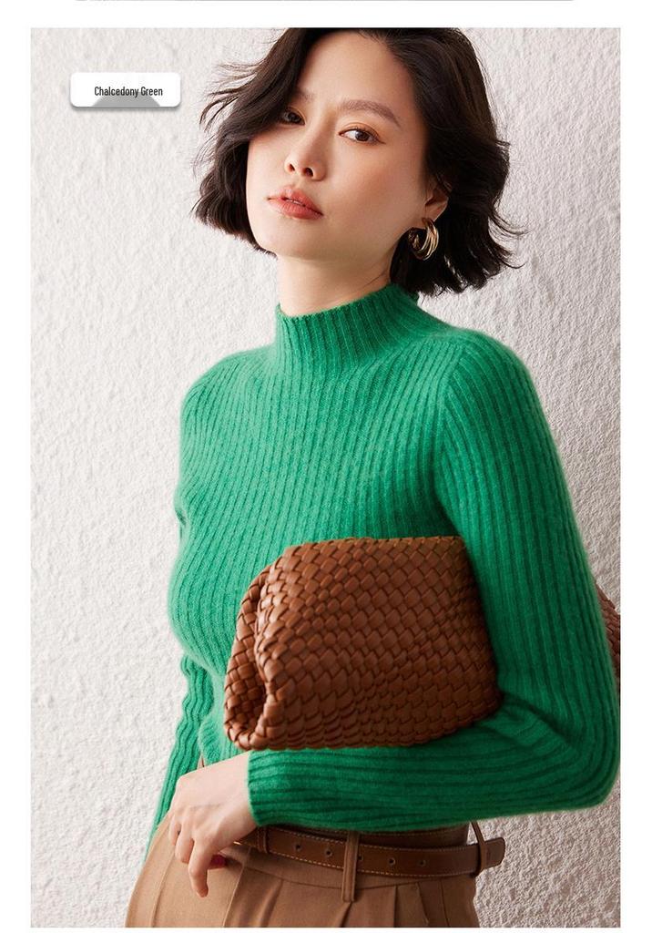 Slim-Fit Striped Cashmere Sweater for Women - Autumn/Winter 2026 Collection, Half-High Neck, Soft Solid Color Knitwear