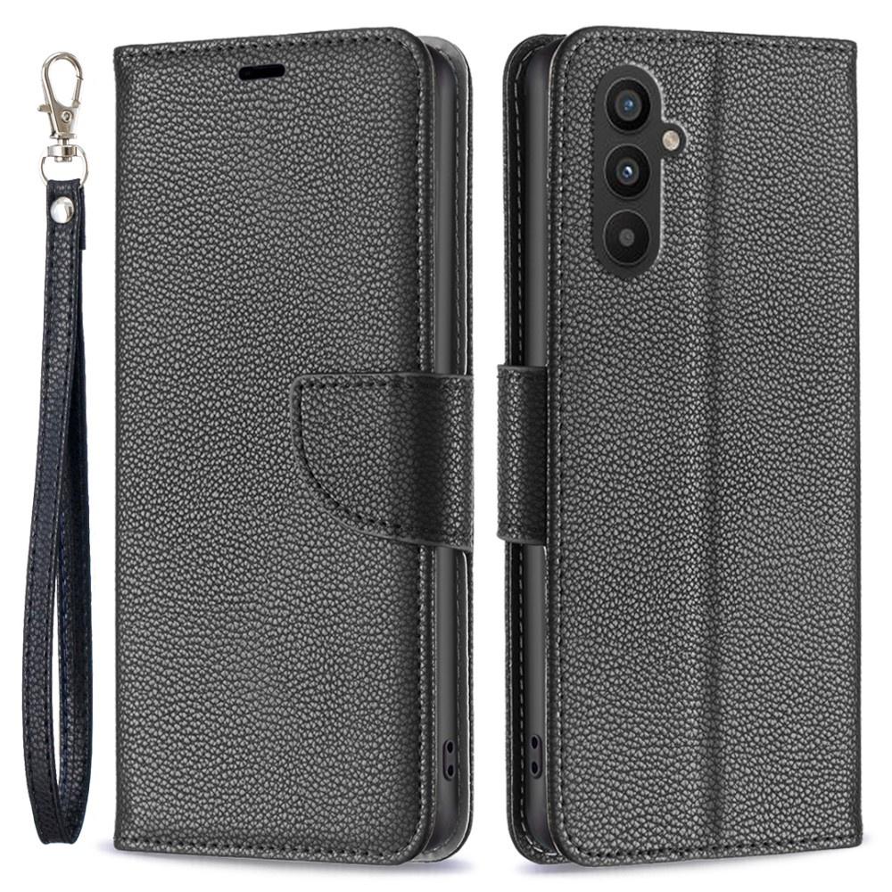 Flip case for Samsung Galaxy A25 5G, Wallet Litchi Leather, black + 9H glass