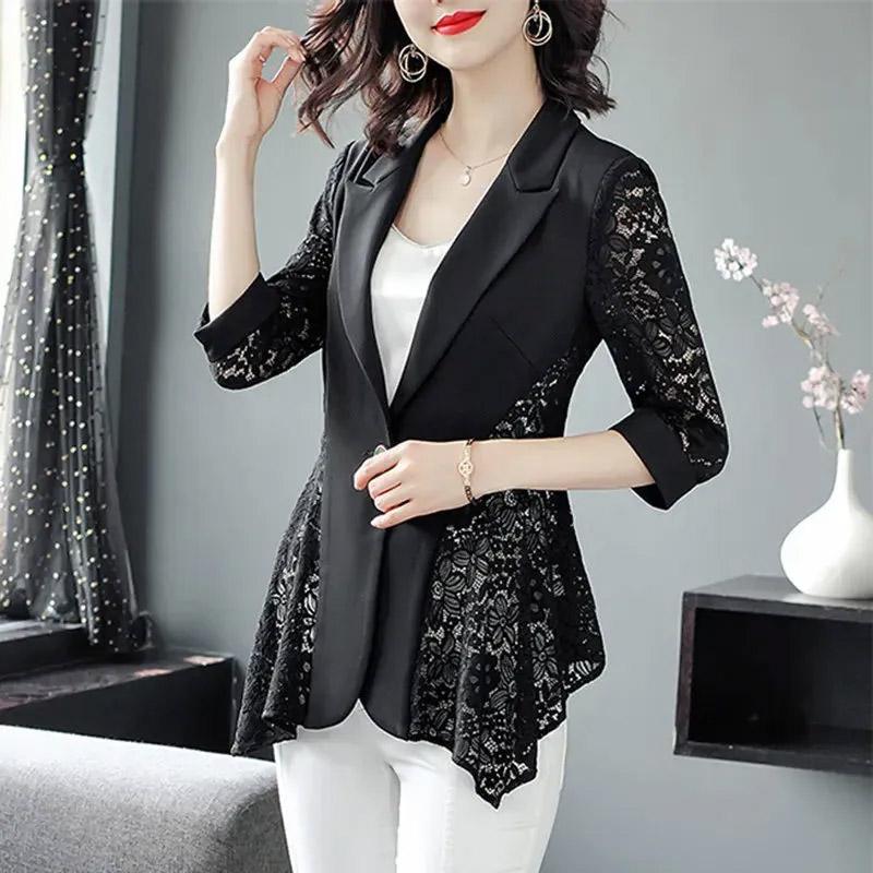 Blazer Suit for Women Slim Fit Long Sleeve Button Cardigan Solid Color Lace Suit Jacket