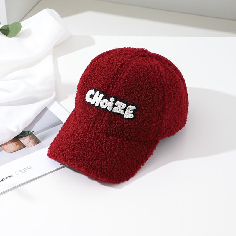 Lamb Plush Baseball Cap Women's Autumn and Winter Tide Wide Brim Versatile Windproof Warm Letter Embroidered Cap