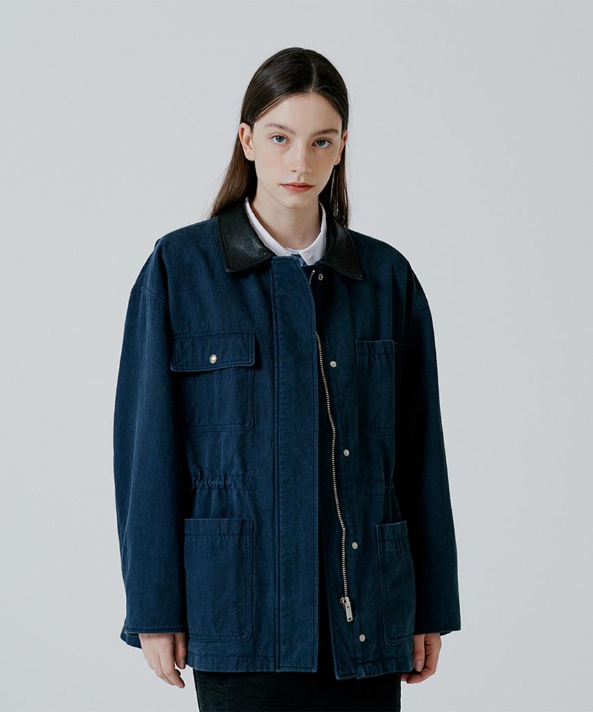Pinblack Leather Collar Hunting Jacket Navy