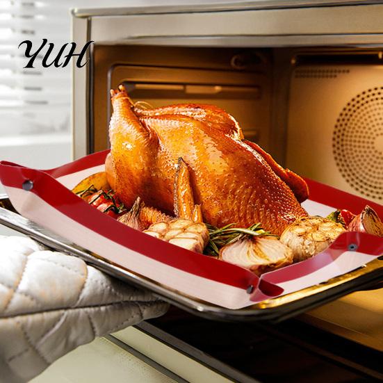 Rectangular Silicone Baking Sheet Fiber Mat with Button, Non-Stick Oven Safe Rectangle Tray, Leakproof Heat Reistant Snap to Form Liner Flexible
