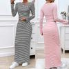 Womens Two Piece Sets Sexy Elegant Striped Knitted Long Sleeved Crop Top and Long Skirt Set New Fashion Casual Sets