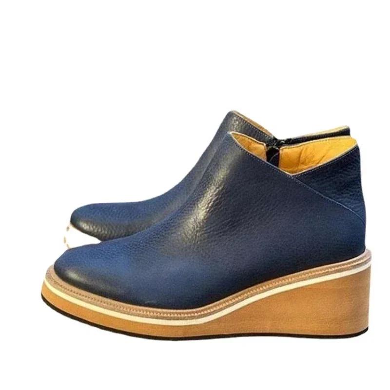 Женские ботинки на танкетке, женские ботильоны в стиле ретро, модные ботинки на платформе с круглым носком, удобные кожаные туфли на молнии для женщин на каблуке