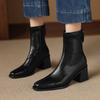 New Women's Versatile Large Size Leather Boots Rear Zipper Solid Color Rubber Sole Martin Boots Women's High Heel Medium Tube Square Heel Women's Boo