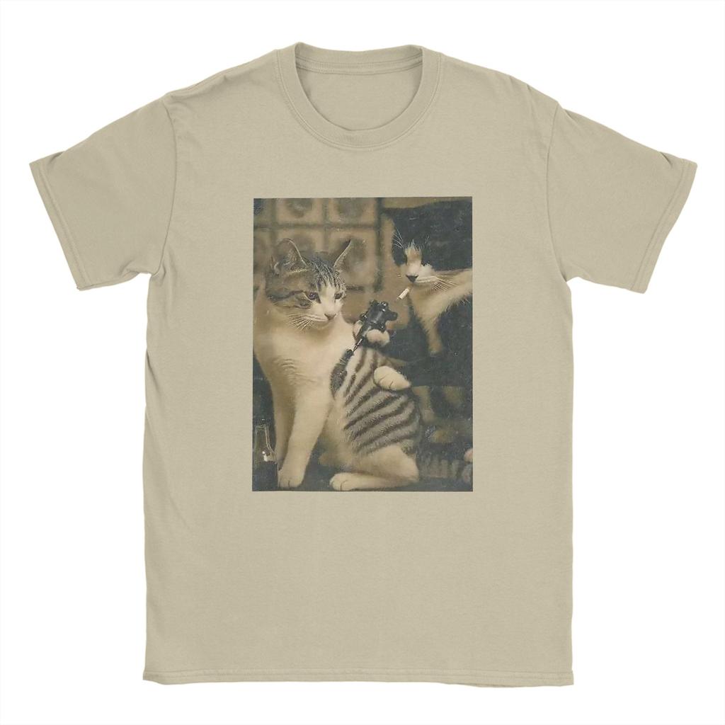 Funny cat Tattoo T Shirt Summer Harajuku TShirts Men Cotton O Neck Plus Size Clothing Short Sleeve Vintage Tops